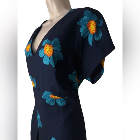 Banana Republic Sz 10 Navy Blue turquoise Floral dress A line short sleeve - Picture 4 of 11